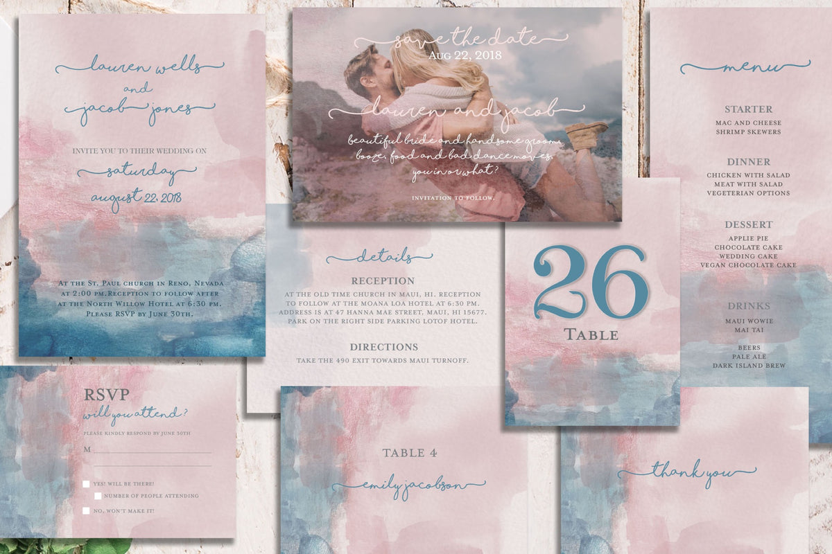 Boho Watercolor Wedding Invite Set