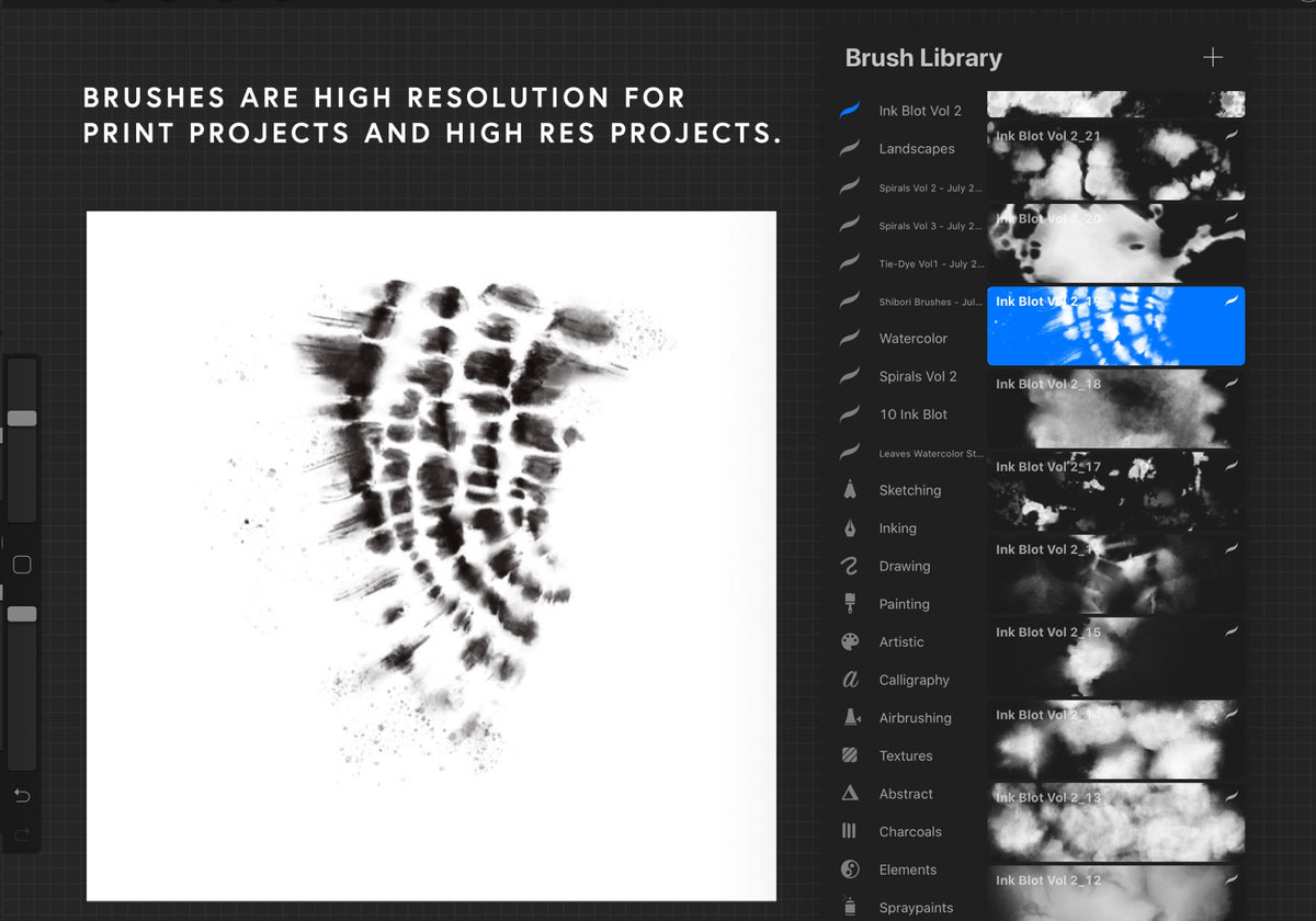 Procreate Ink Blot Tie-Dye Brushes Vol. 2, Set of 24 (.brushset)